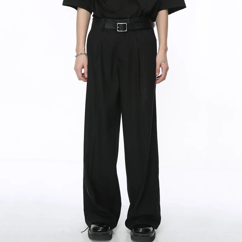 Straight Men's Suit Pants Korean Fashion Solid Color Pleated Pockets Male Wide Leg Trousers Casual Spring 9C4309