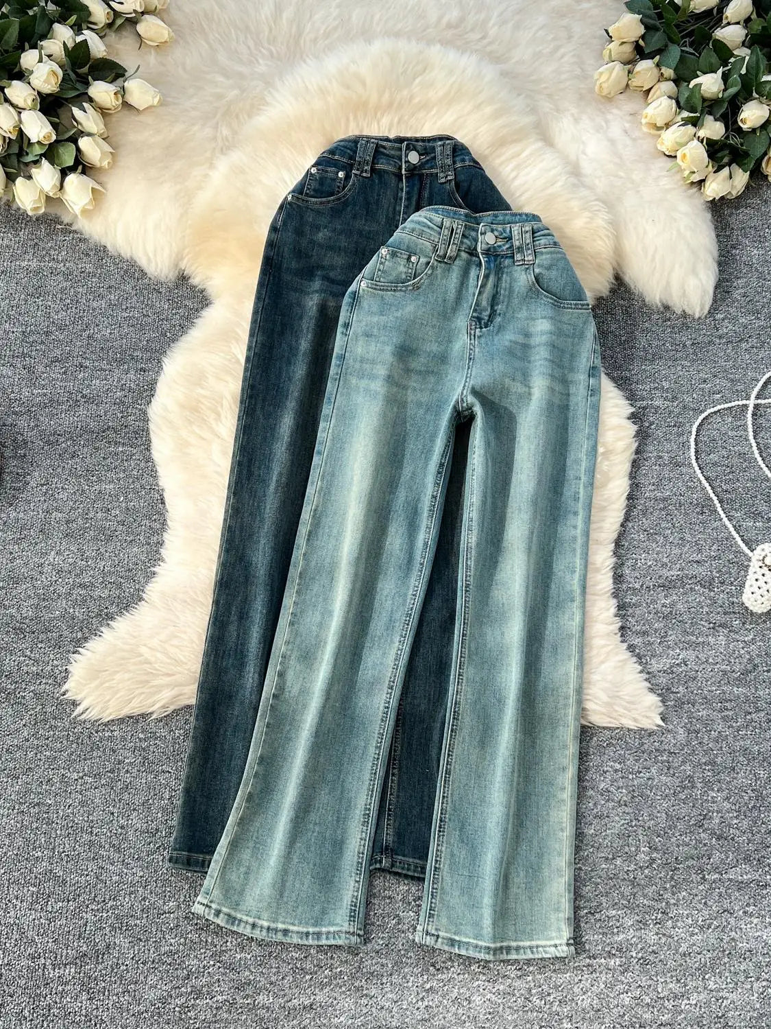 Spring Korean Version Vintage Blue High Waist Straight Denim Pant Women Ankle-length Wide Leg Jeans Fashion Popular Trousers New