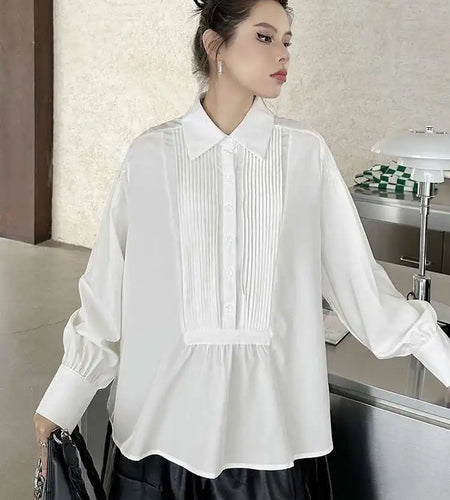 Women White Pleated Spliced Elegant Big Size Blouse New Lapel Long Sleeve Shirt Fashion Tide Spring Autumn 2025 1DH9133