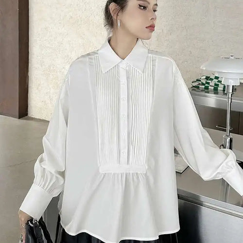 Load image into Gallery viewer, Women White Pleated Spliced Elegant Big Size Blouse New Lapel Long Sleeve Shirt Fashion Tide Spring Autumn 2025 1DH9133
