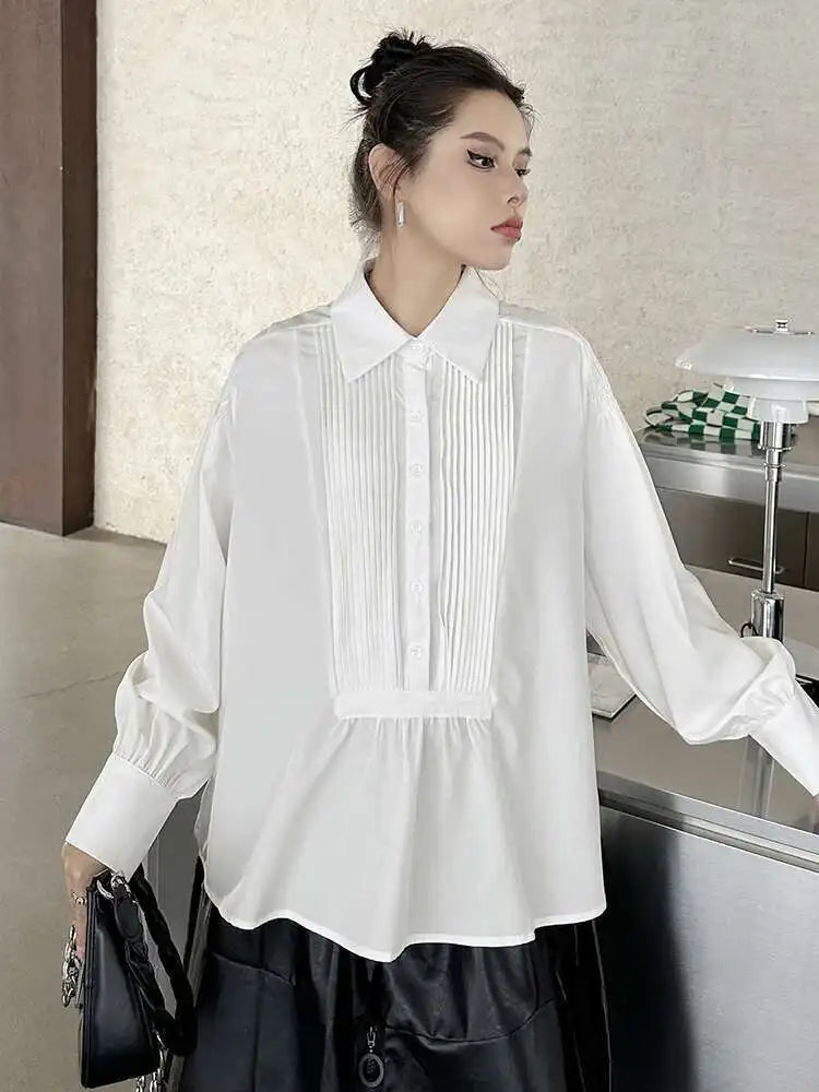 Women White Pleated Spliced Elegant Big Size Blouse New Lapel Long Sleeve Shirt Fashion Tide Spring Autumn 2025 1DH9133