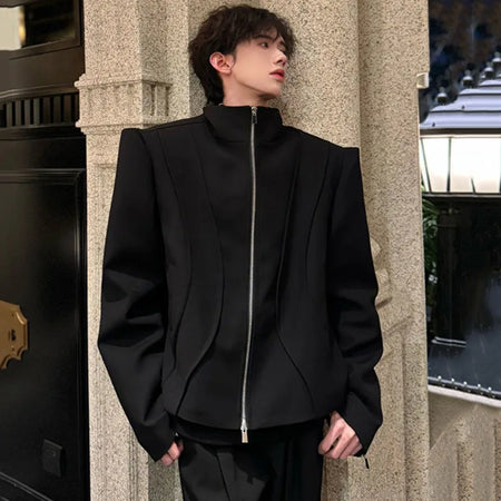Patchwork Men Jackets Personality Stand Collar Solid Color Zipper Pockets Loose Male Short Coats Spring New Stylish 9C4682
