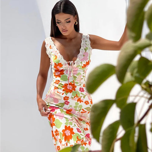 Load image into Gallery viewer, Floral Print Backless Maxi Dress For Women 2023 New V Neck Sleeveless Bodycon Long Dresses Ladies Elegant Sexy Dress
