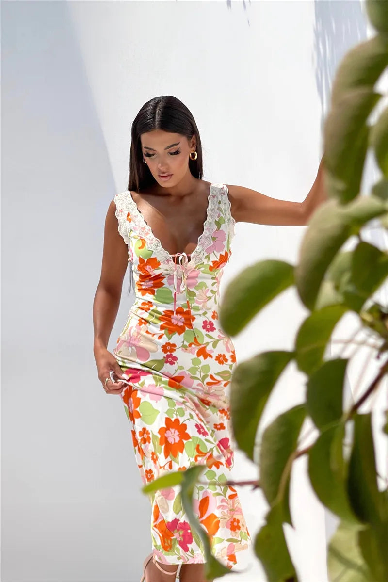 Floral Print Backless Maxi Dress For Women 2023 New V Neck Sleeveless Bodycon Long Dresses Ladies Elegant Sexy Dress