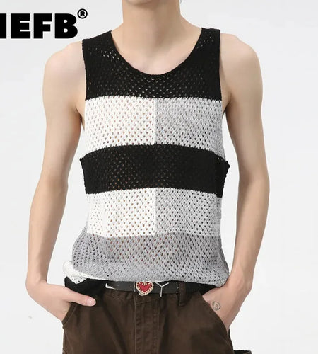Korean Mesh Patchwork Multi Color Hollow-out Knit Sleeveless Top 2025 Spring Male Vest Trendy Strioe Clothing 9C6021