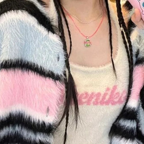 Load image into Gallery viewer, Kawaii Rainbow Striped Cardigan Women Detachable Long Sleeve Fluffy Sweater Coat Japanese Y2k All Match Kardigan Jacket
