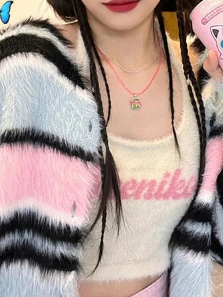 Kawaii Rainbow Striped Cardigan Women Detachable Long Sleeve Fluffy Sweater Coat Japanese Y2k All Match Kardigan Jacket