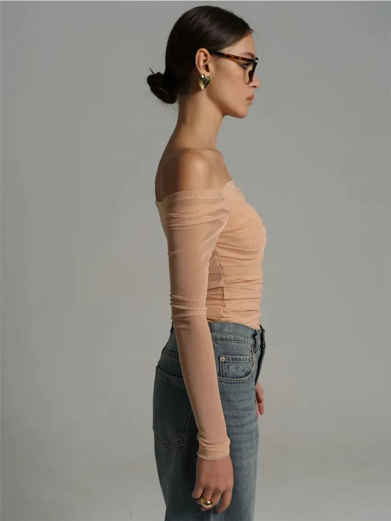 Summer Mesh Off-shoulder T-shirt Women Fashion Pleated Bust Backless Tees Tops Female Elegant Strapless See Through Top