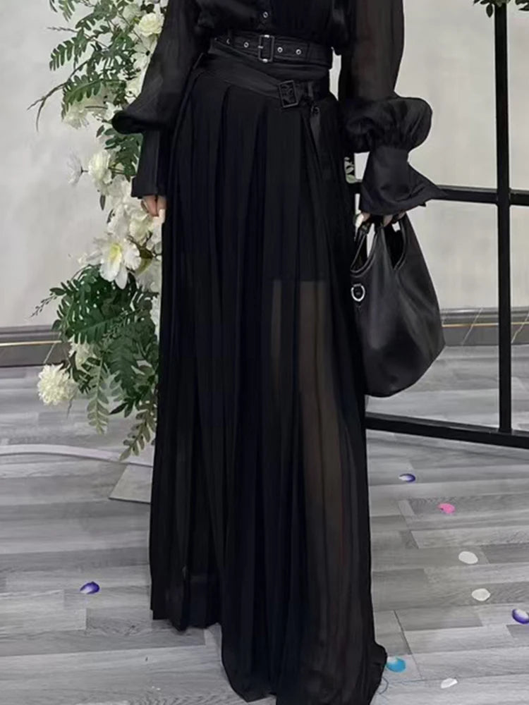 Solid Spliced Button Two Piece Set Dor Women Lapel Long Sleeve Top High Waist Loose Skirt Sets Female Fashion New