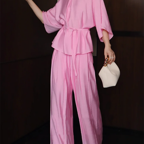 Load image into Gallery viewer, Solid Loose Two Piece Sets for Women Round Neck Half Sleeves Spliced Lace Up Top High Waist Wide Leg Pant Set Female
