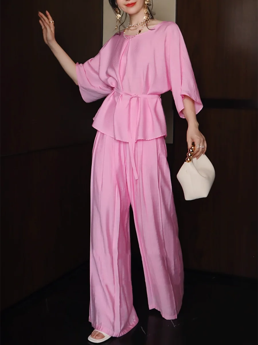 Solid Loose Two Piece Sets for Women Round Neck Half Sleeves Spliced Lace Up Top High Waist Wide Leg Pant Set Female
