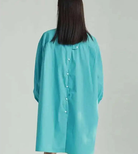 Women Blue Irregular Big Size Long Blouse New Lapel Long Sleeve Loose Fit Shirt Fashion Tide Spring Autumn 2025 1DF6598