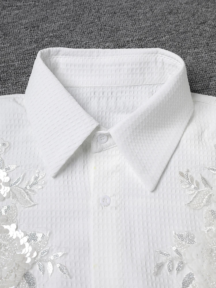 Women White Sequins Flower Big Size Elegant Blouse New Lapel Long Sleeve Shirt Fashion Tide Spring Autumn 2025 CPG2805