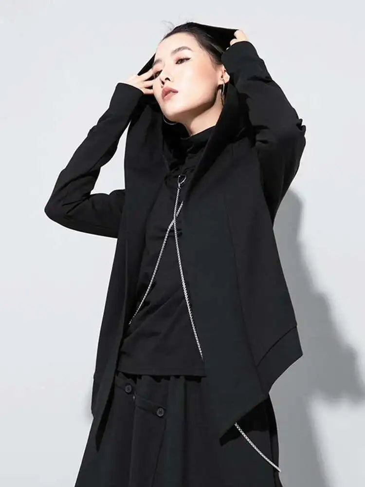 Loose Fit Black Brief Irregular Short Jacket New Hooded Long Sleeve Women Coat Fashion Tide Spring Autumn 2025 1Z591