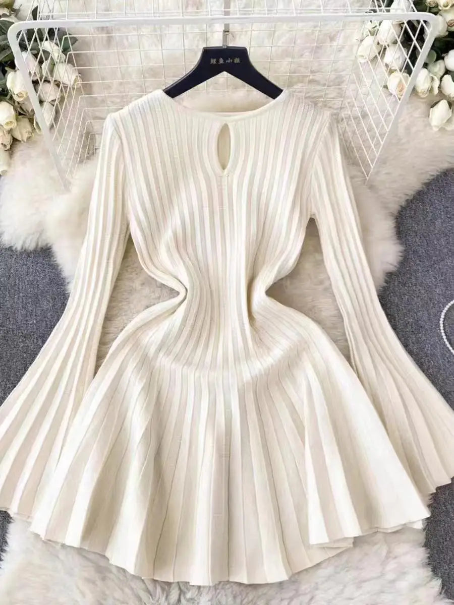 Autumn New 2024 Black Elegant Long Sleeve Knit Mini Dress For Women Beige  Round Neck Hollow Out Simple Pleated Short Dress Chic