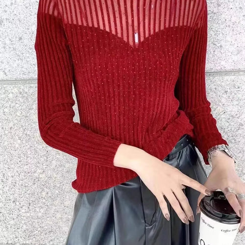 Load image into Gallery viewer, Fall Winter Slim-Fit Mesh Rhinestone Velvet Sweater for Woman High-Grade Mock Neck Sweater Knitted Top Female Pullover C-297
