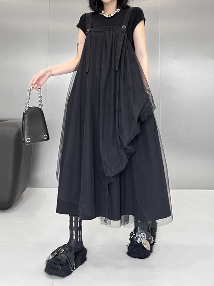 Women Black Irregular Mesh Big Size Strap Dress New Square Collar Sleeveless Fashion Tide Spring Autumn 2025 1DJ1413