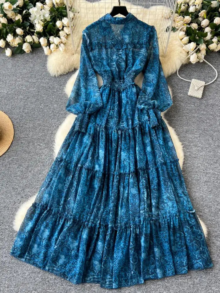 Retro 2024 Autumn Women Print Elegant Lantern Sleeves Long Dress High Waist Single Breasted Evening Party Pleated Shirt Dresses