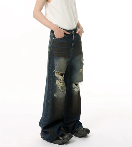 High Street Men's Denim Pants New Worn-out Contrast Color Wide Leg Jeans Hole Straight Personailty Male Trousers 9W1839