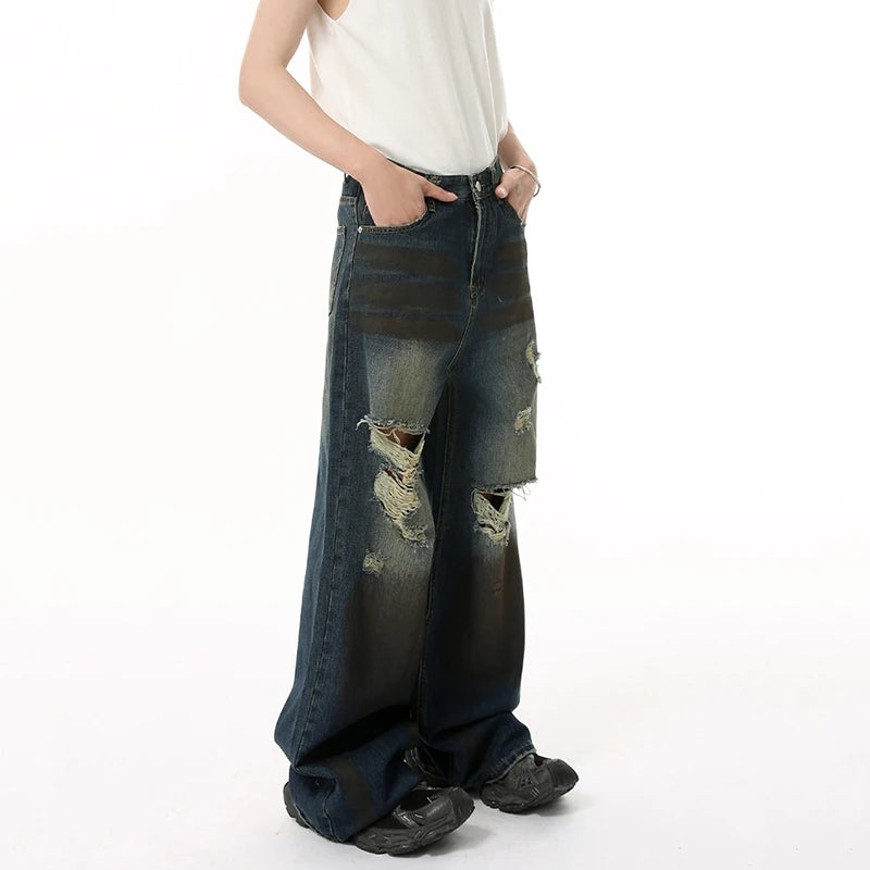 High Street Men's Denim Pants New Worn-out Contrast Color Wide Leg Jeans Hole Straight Personailty Male Trousers 9W1839