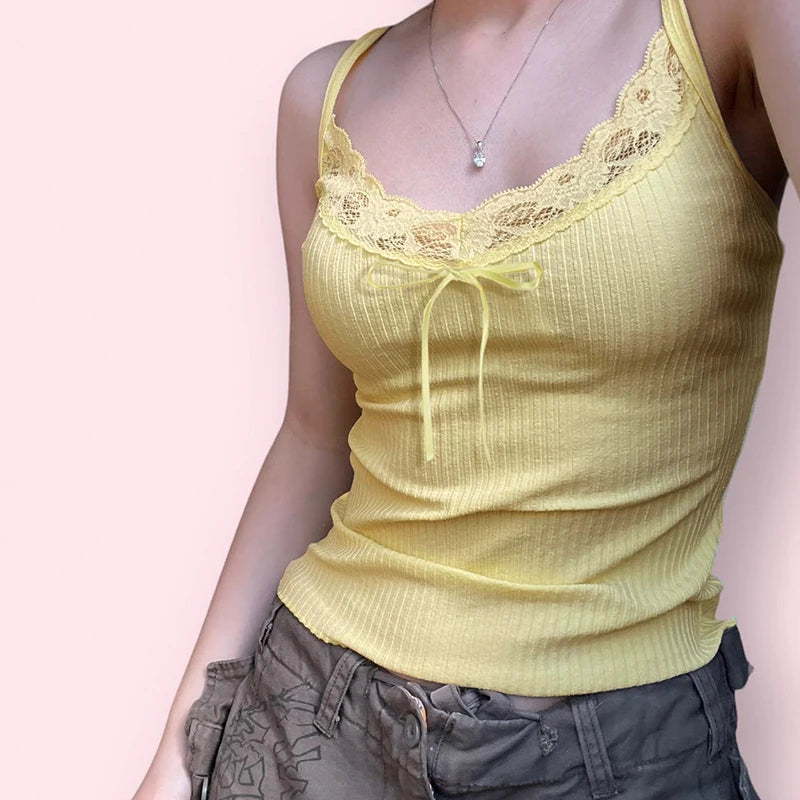 Y2K Yellow Strap Lace Trim Slim Summer Camis Top Tie-Up Kawaii Mini Cropped Top Female Korean Style Solid 2000s Girls