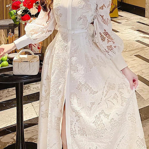 Load image into Gallery viewer, Elegant Embroidery Cut Out Solid Dresses For Women Lapel Puff Sleeve High Waist Patchwork Belt Minimalist Dress Female Style
