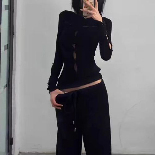 Load image into Gallery viewer, Y2k Aesthetic Sexy Hollow Out Tshirts Women Harajuku Gothic Punk Black T-shirt 2025 Autumn Streetwear Bodycon Bow Tees Femme
