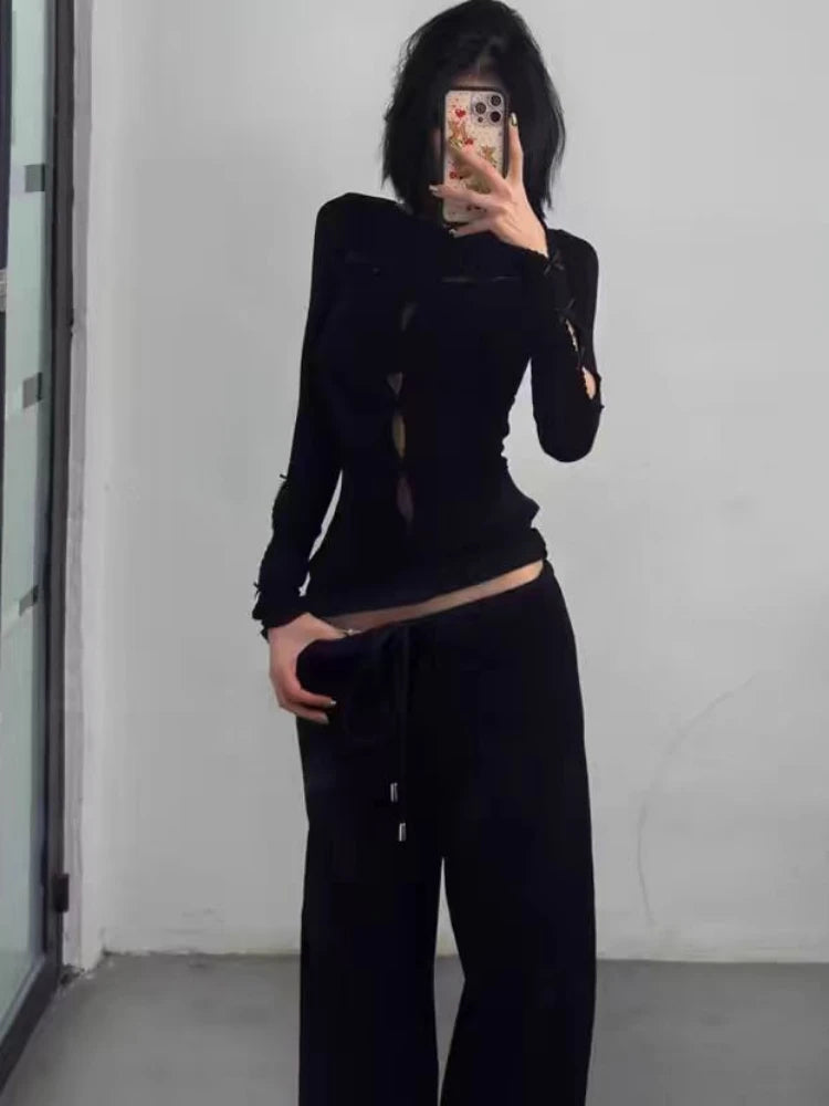 Y2k Aesthetic Sexy Hollow Out Tshirts Women Harajuku Gothic Punk Black T-shirt 2025 Autumn Streetwear Bodycon Bow Tees Femme