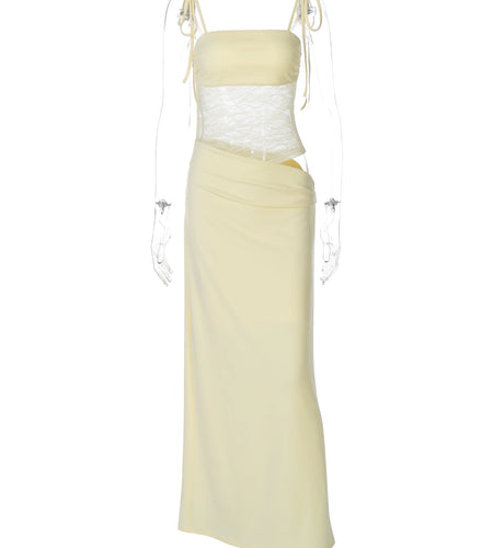 Fashion Solid Slips Bandage Patchwork Lace Hollow Out Sexy See Through Maxi Dress Women Clothes Beach Vacation Party