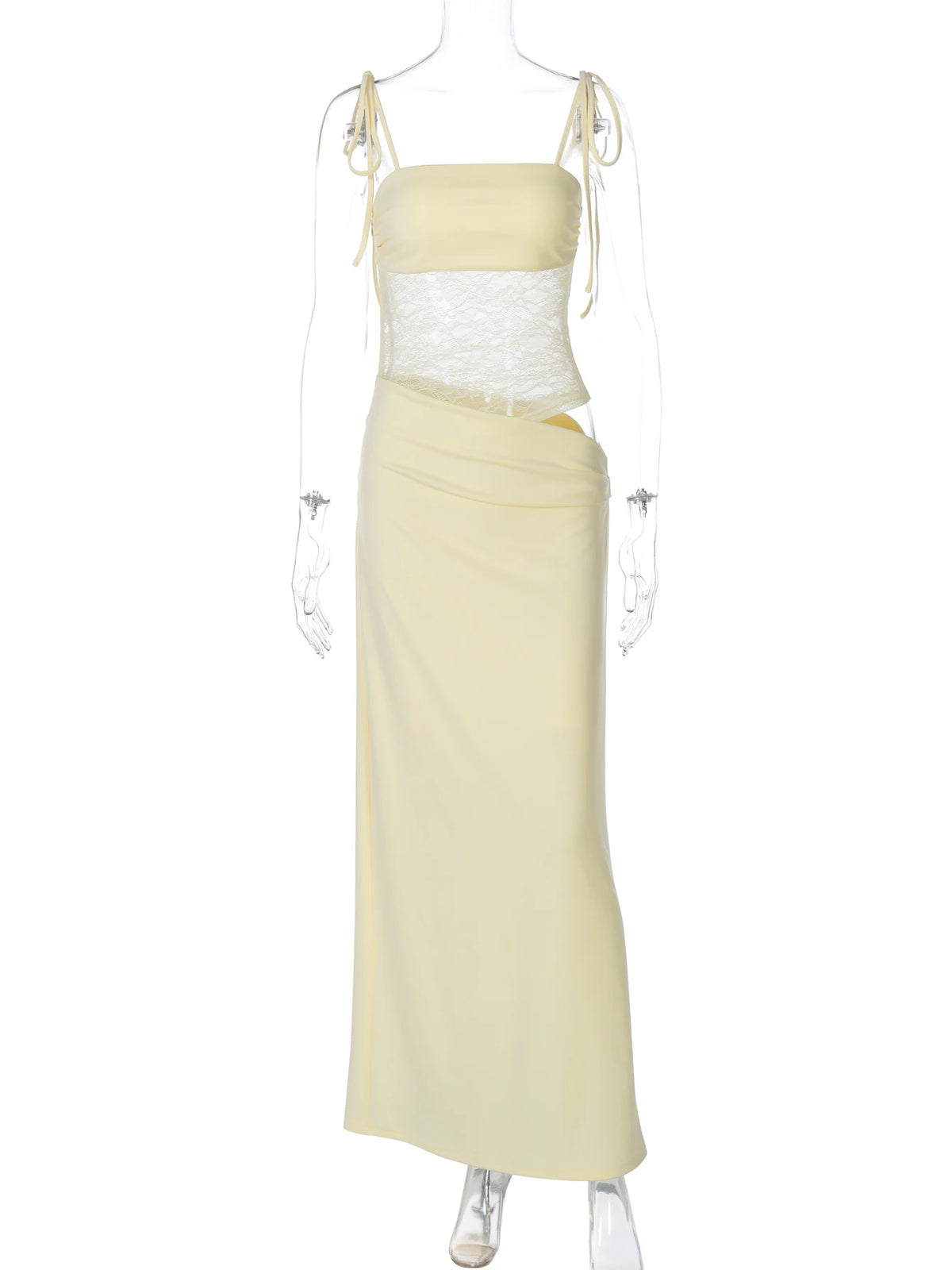 Fashion Solid Slips Bandage Patchwork Lace Hollow Out Sexy See Through Maxi Dress Women Clothes Beach Vacation Party