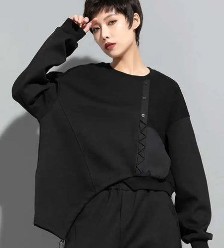 Loose Fit Black Irregular Hem Sweatshirt New Round Neck Long Sleeve Women Big Size Fashion Tide Spring Autumn 2025 1DF1318