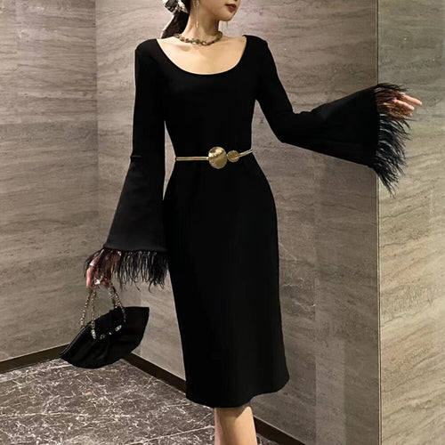 Load image into Gallery viewer, Patchwork Feathers Dresses For Women Square Collar Flare Sleeve High Waist Solid Slimming Dress Female Fashion
