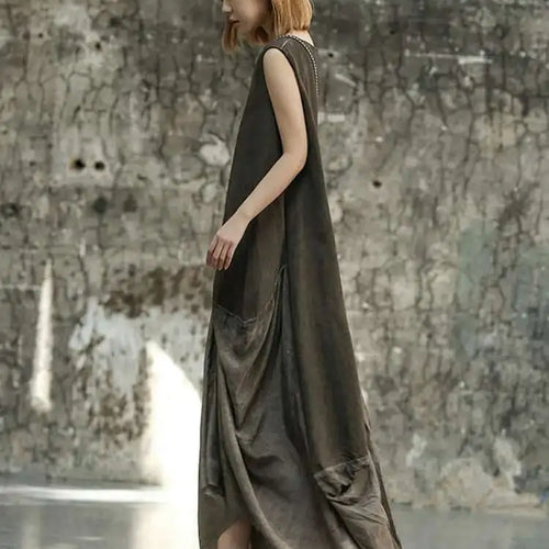 Load image into Gallery viewer, Women Orange Pleated Vintage Casual Dress New Round Neck Sleeveless Loose Fit Fashion Tide Spring Summer 2025 1DF6825
