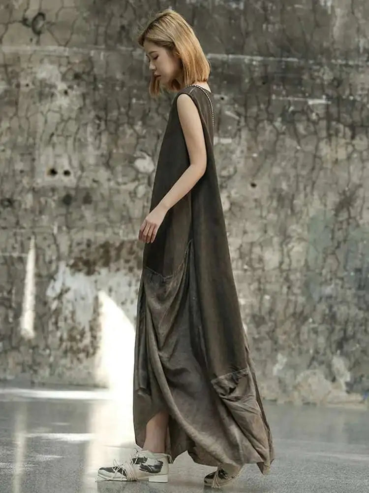 Women Orange Pleated Vintage Casual Dress New Round Neck Sleeveless Loose Fit Fashion Tide Spring Summer 2025 1DF6825