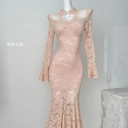 Load image into Gallery viewer, Autumn Chinese Style Black Lace Elegant Hollow Out Prom Gown Fishtail Dress Women Vintage Pink Long Sleeves Party Evening Dress
