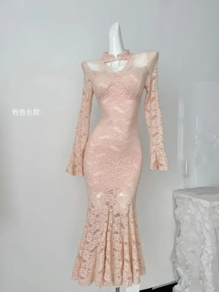 Autumn Chinese Style Black Lace Elegant Hollow Out Prom Gown Fishtail Dress Women Vintage Pink Long Sleeves Party Evening Dress