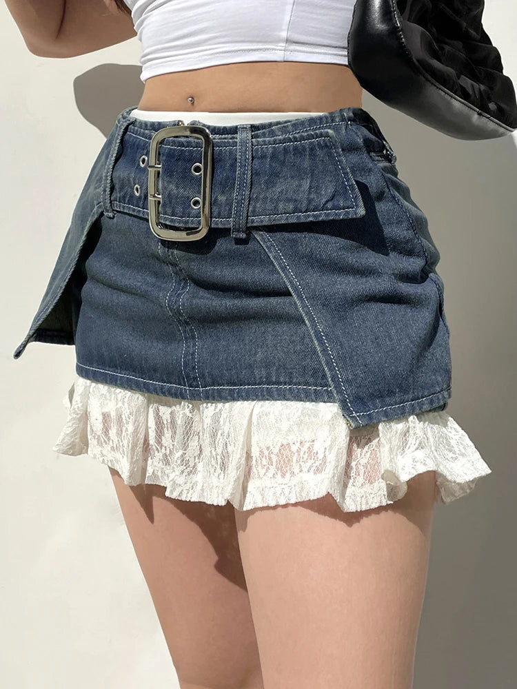 Streetwear Y2K Aesthetic Design Mini Skirt Outfits Buckle Belted Fashion Super Short Sexy Women Denim Skirt Clothing