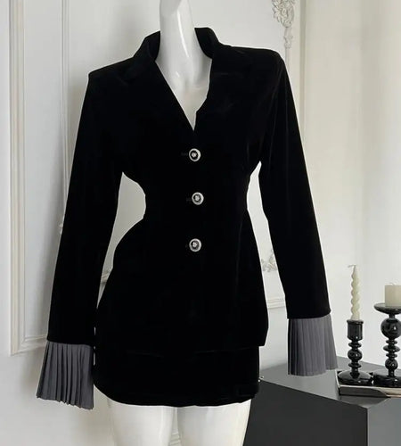 French Retro Women Black Patchwork Suit Autumn Winter New Elegant Slim Blazer Coat And High Waist Shorts Skirt Two Piece Set New