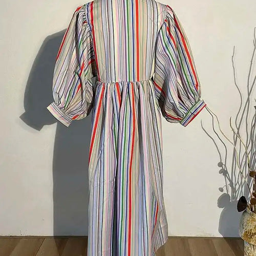 Load image into Gallery viewer, Women Striped Spliced Long Shirt Dress New Stand Collar Three-quarter Sleeve Loose Fit Fashion Spring Autumn 2025 1DE0219
