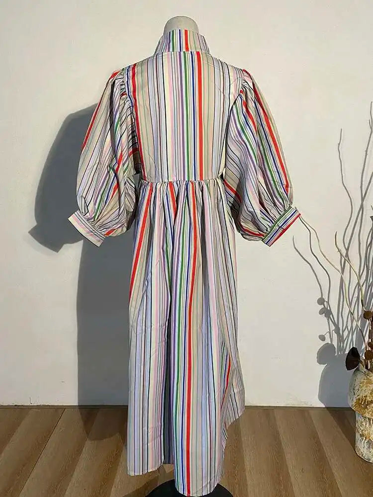 Women Striped Spliced Long Shirt Dress New Stand Collar Three-quarter Sleeve Loose Fit Fashion Spring Autumn 2025 1DE0219