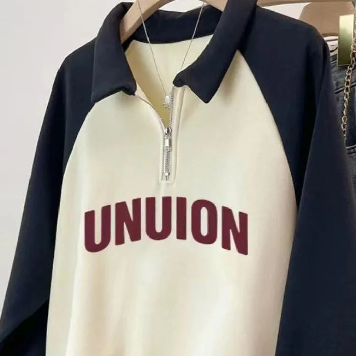 Korean Version 2024 Autumn Winter Beige Patchwork Letter Print Zipper Sweatshirt Women Long Sleeve Festival Slim Pullover Tops