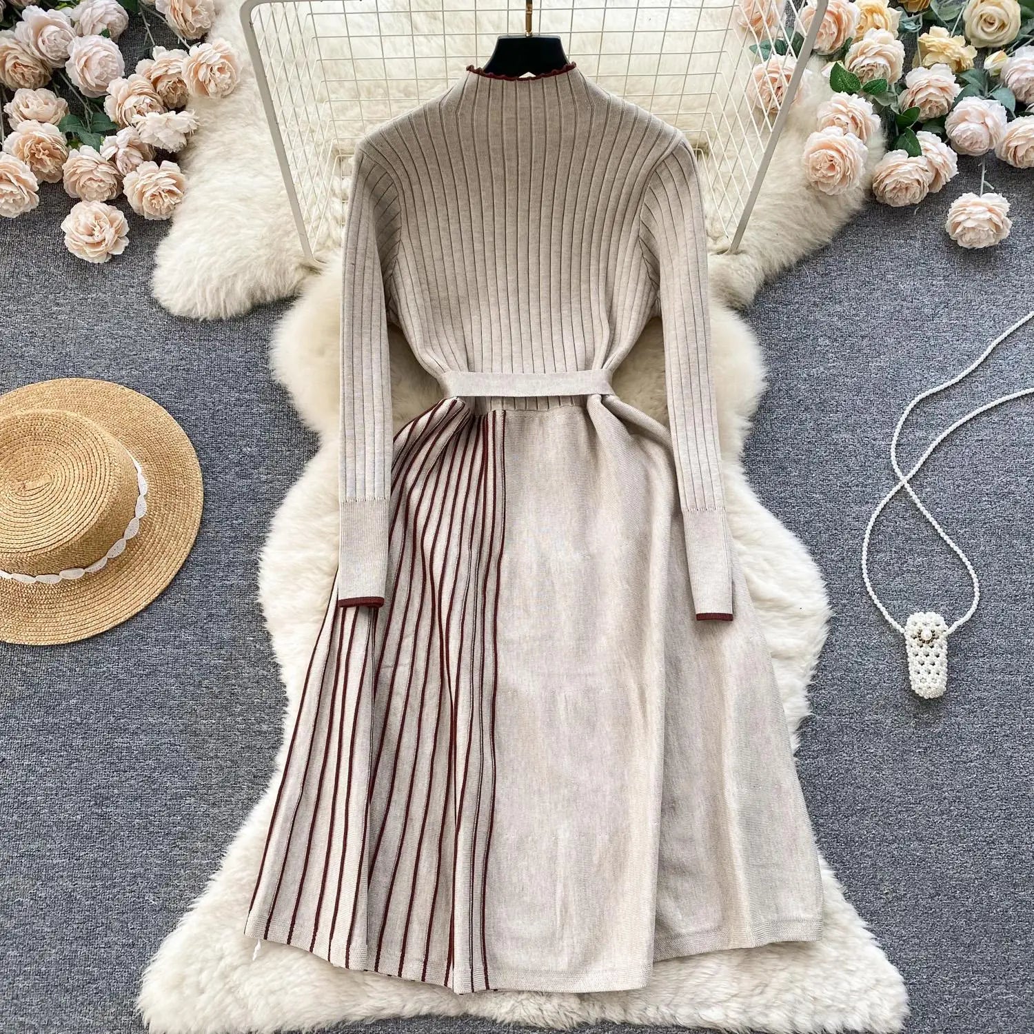 Autumn Fashion New Knitted Straight Patchwork Party Long Dress Korean Women's Half High Neck Elegant Casual Sweater Warm Dresses