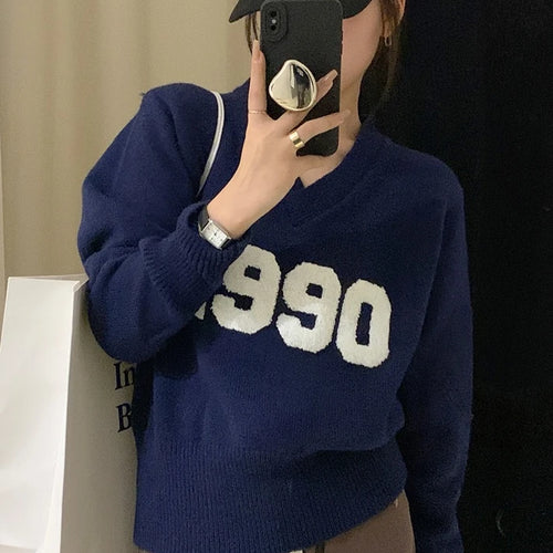 Load image into Gallery viewer, Autumn Y2k Aesthetic Harajuku Letter Patchwork Pullovers Womens Casual Sweater Sweet Vintage Grunge Crop Tops V Neck Streetwear
