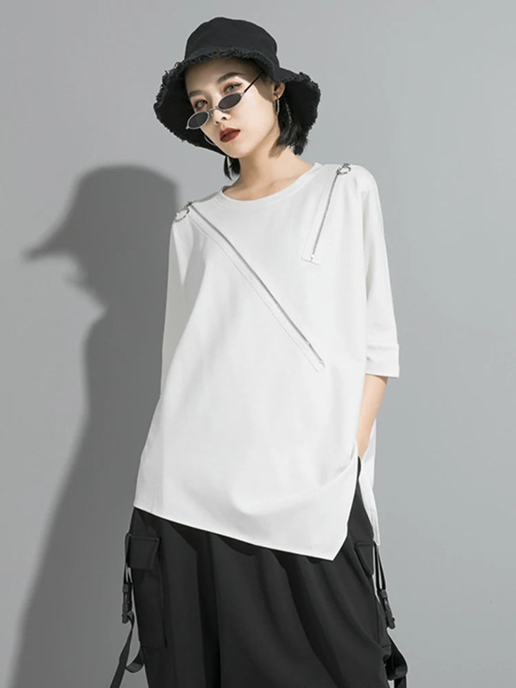 Women Black Asymmetrical Sittch Big Size T-shirt New Round Neck Long Sleeve  Fashion Tide  Spring Autumn 2025 1S185