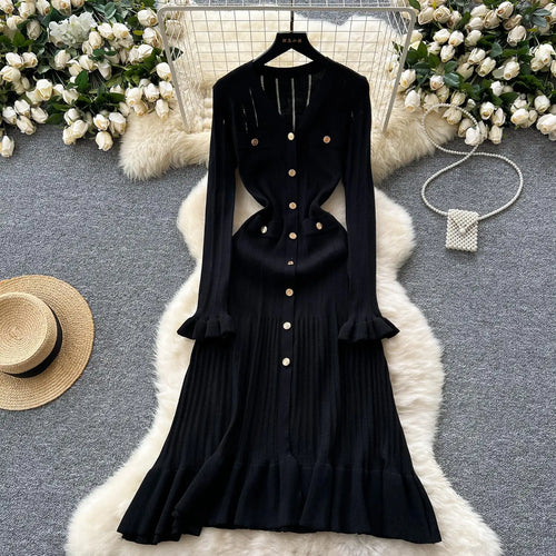 Load image into Gallery viewer, Autumn 2024 New Women Black White Single Breasted Slim Knitted Dress French Green Elegant V Neck Ruffles Long Sleeve Dress Trend
