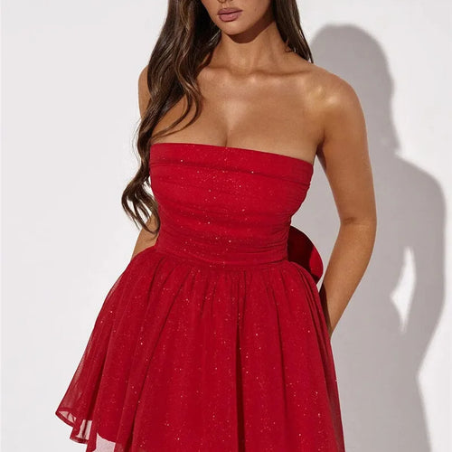 Load image into Gallery viewer, Mesh Strapless Sparkle Sexy Mini Dress For Women Fashion Backless Bow Pleated Dresses Femme Club Party Dress Elegant
