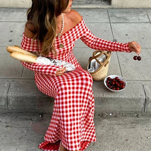 Load image into Gallery viewer, Red Plaid Print Off Shoulder Long Dresses 2024 Women Clothing French Style Vintage Autumn Dress C85-CZ29
