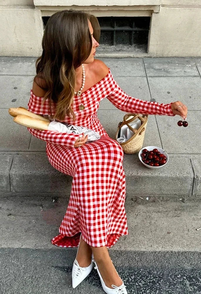 Red Plaid Print Off Shoulder Long Dresses 2024 Women Clothing French Style Vintage Autumn Dress C85-CZ29