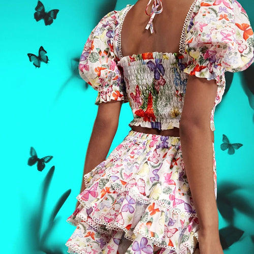 Load image into Gallery viewer, Floral Printing Two Piece Set For Women Square Collar Puff Sleeve Tops High Waist Spliced Ruffle Skirt Slim Sets Female New
