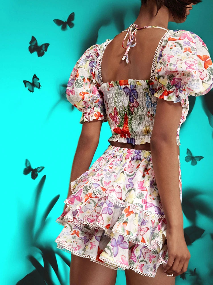 Floral Printing Two Piece Set For Women Square Collar Puff Sleeve Tops High Waist Spliced Ruffle Skirt Slim Sets Female New